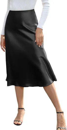 We1Fit Women's High Waisted Satin Skirt Elegant A-Line Cocktail Party Wedding Silk Skirts