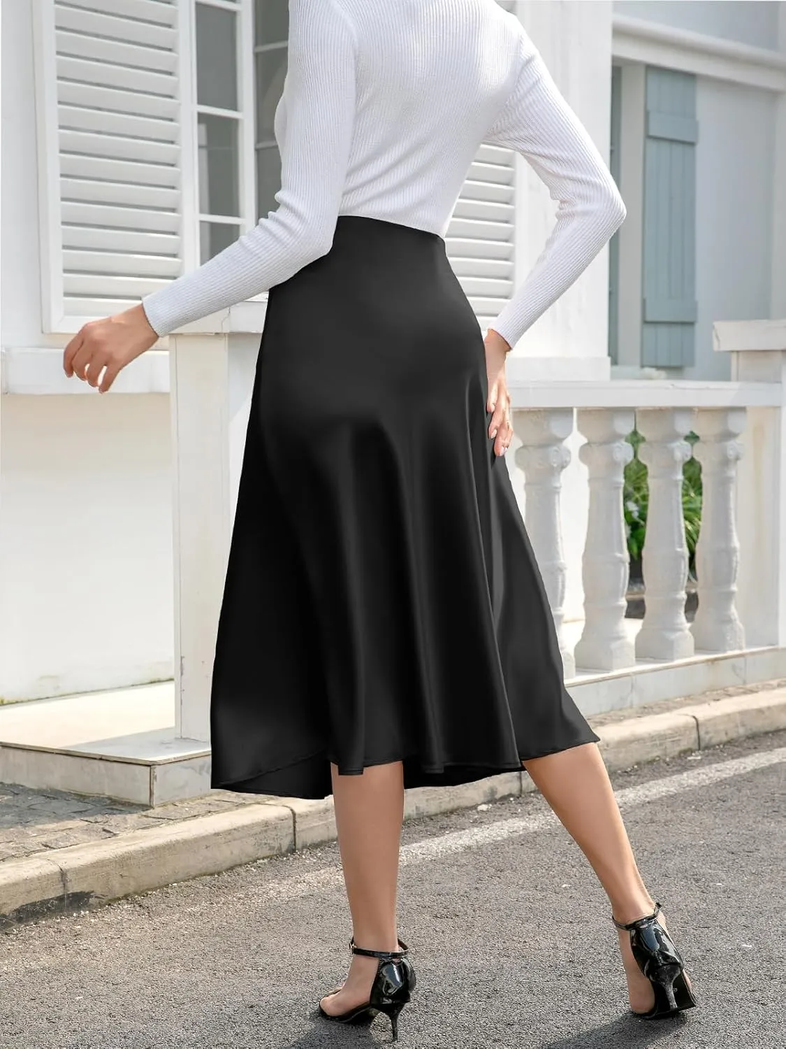 We1Fit Women's High Waisted Satin Skirt Elegant A-Line Cocktail Party Wedding Silk Skirts