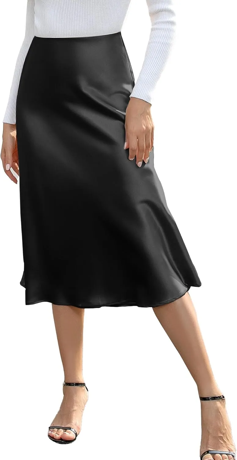 We1Fit Women's High Waisted Satin Skirt Elegant A-Line Cocktail Party Wedding Silk Skirts