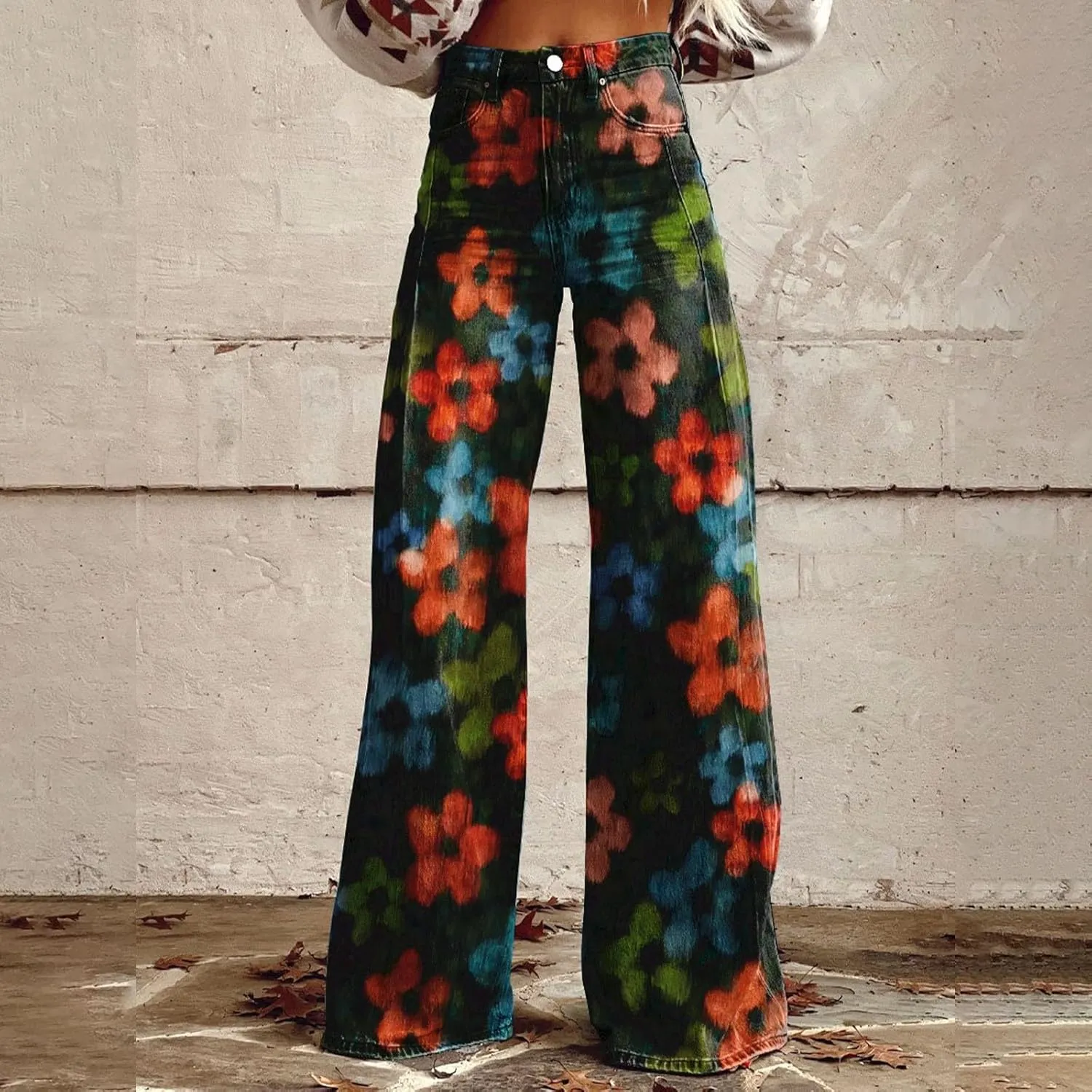 Wide Leg Flare Jeans for Women with Pockets Baggy Pants Vintage Floral Print High Waisted Loose Pant