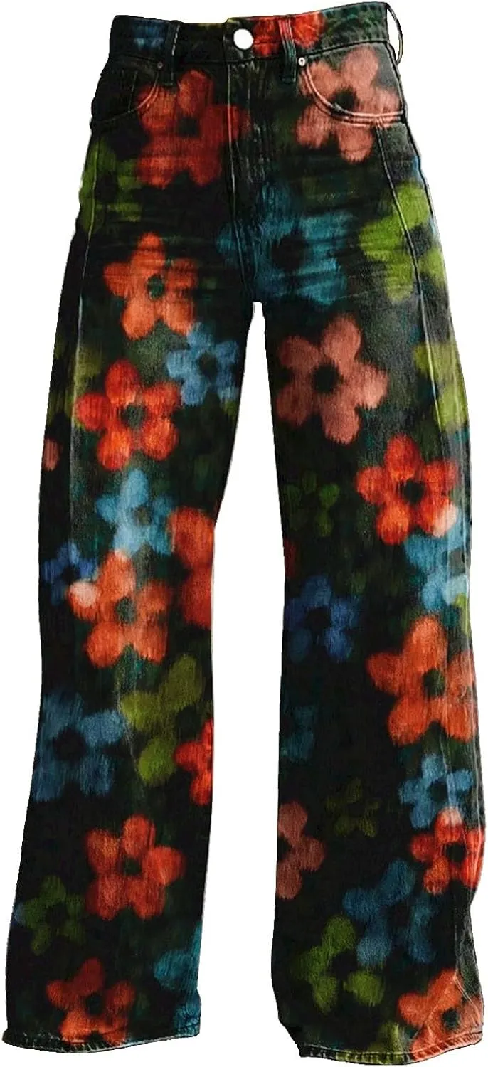 Wide Leg Flare Jeans for Women with Pockets Baggy Pants Vintage Floral Print High Waisted Loose Pant