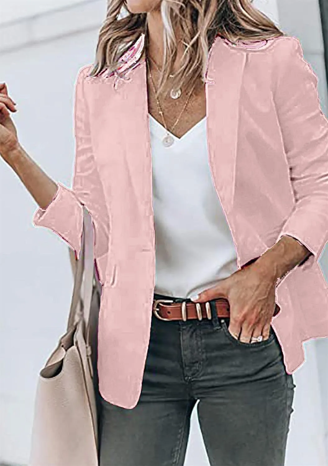 WIWIQS Women's Long Sleeve Open Front Blazer Lapel Work Office Casual Suit Solid Color Comfy Blazers