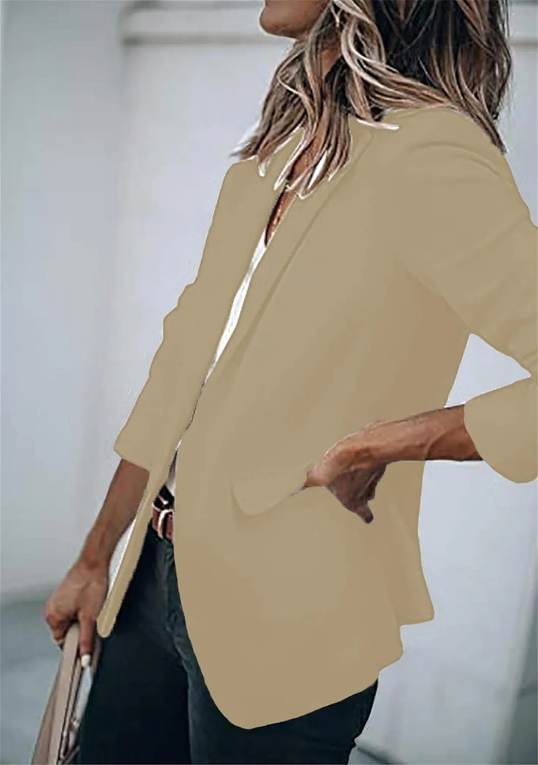 WIWIQS Women's Long Sleeve Open Front Blazer Lapel Work Office Casual Suit Solid Color Comfy Blazers