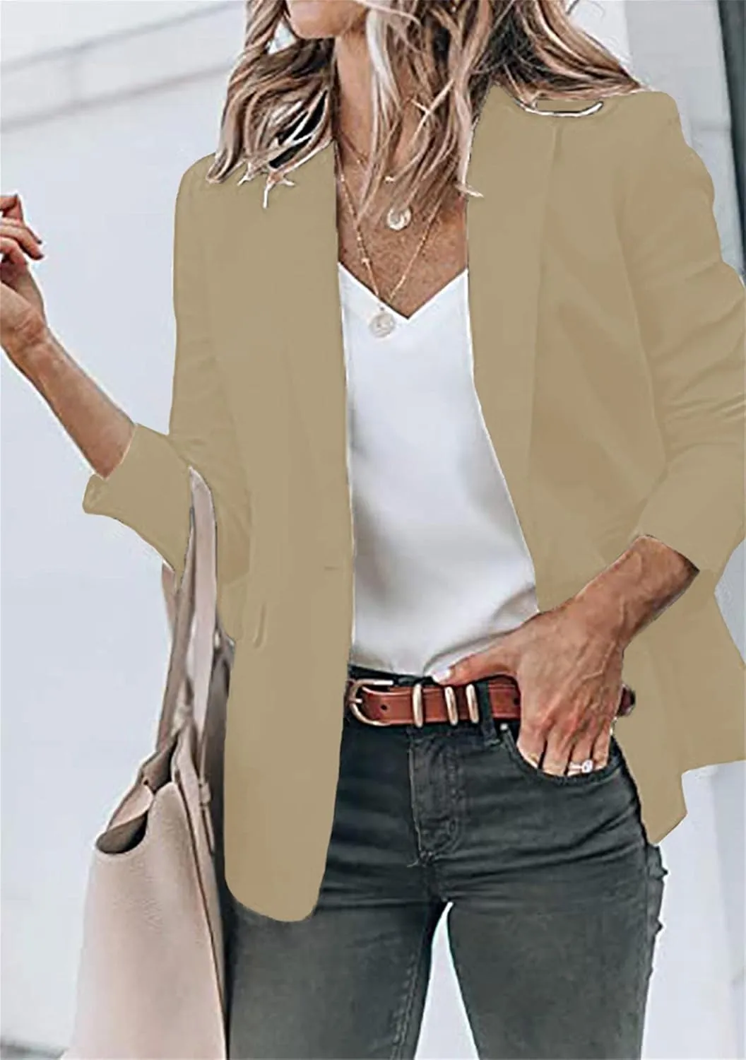 WIWIQS Women's Long Sleeve Open Front Blazer Lapel Work Office Casual Suit Solid Color Comfy Blazers