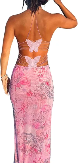 Women Backless Butterfly Dress Sexy V Neck Sleeveless Open Back Maxi Dress Party Cocktail Bodycon Long Dress