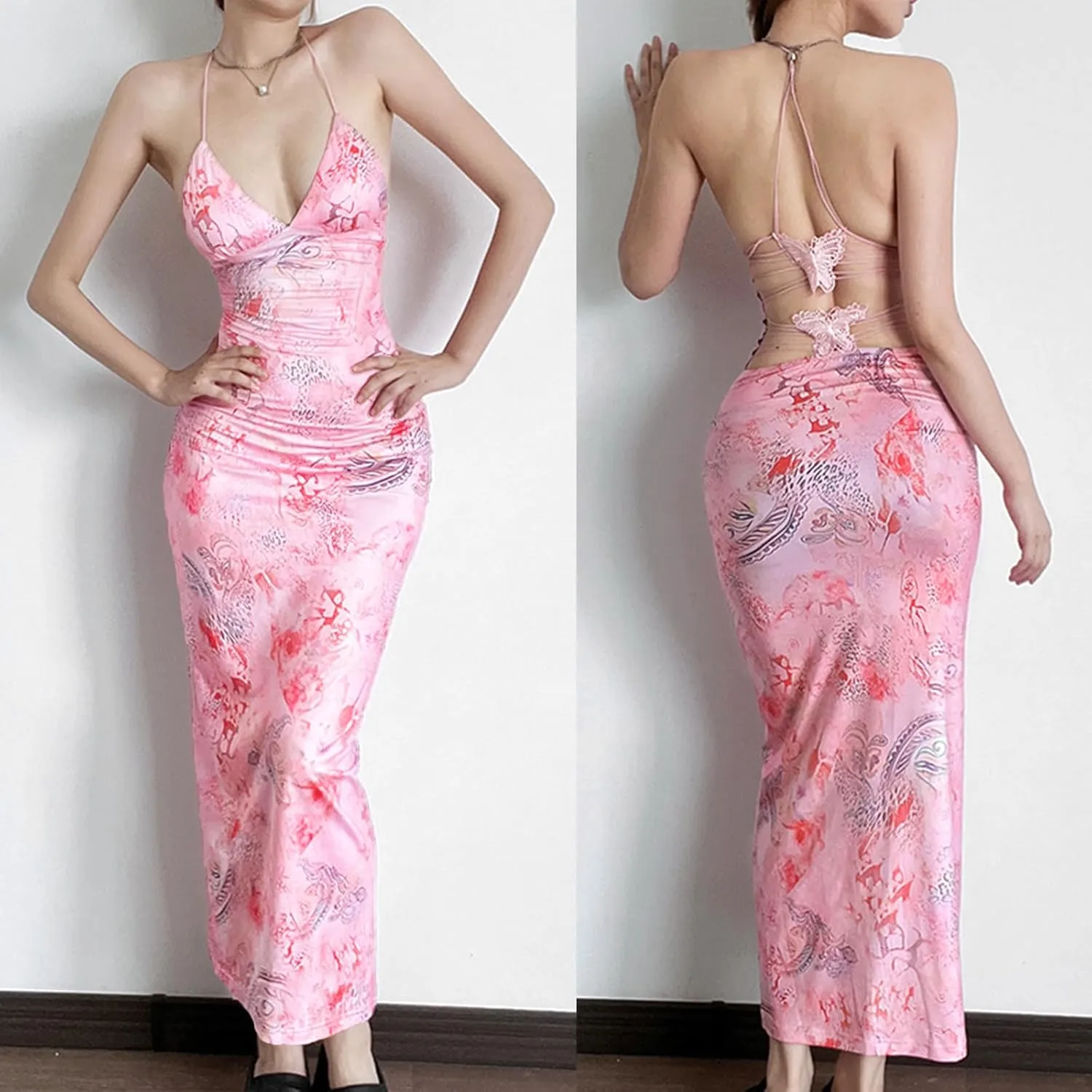 Women Backless Butterfly Dress Sexy V Neck Sleeveless Open Back Maxi Dress Party Cocktail Bodycon Long Dress