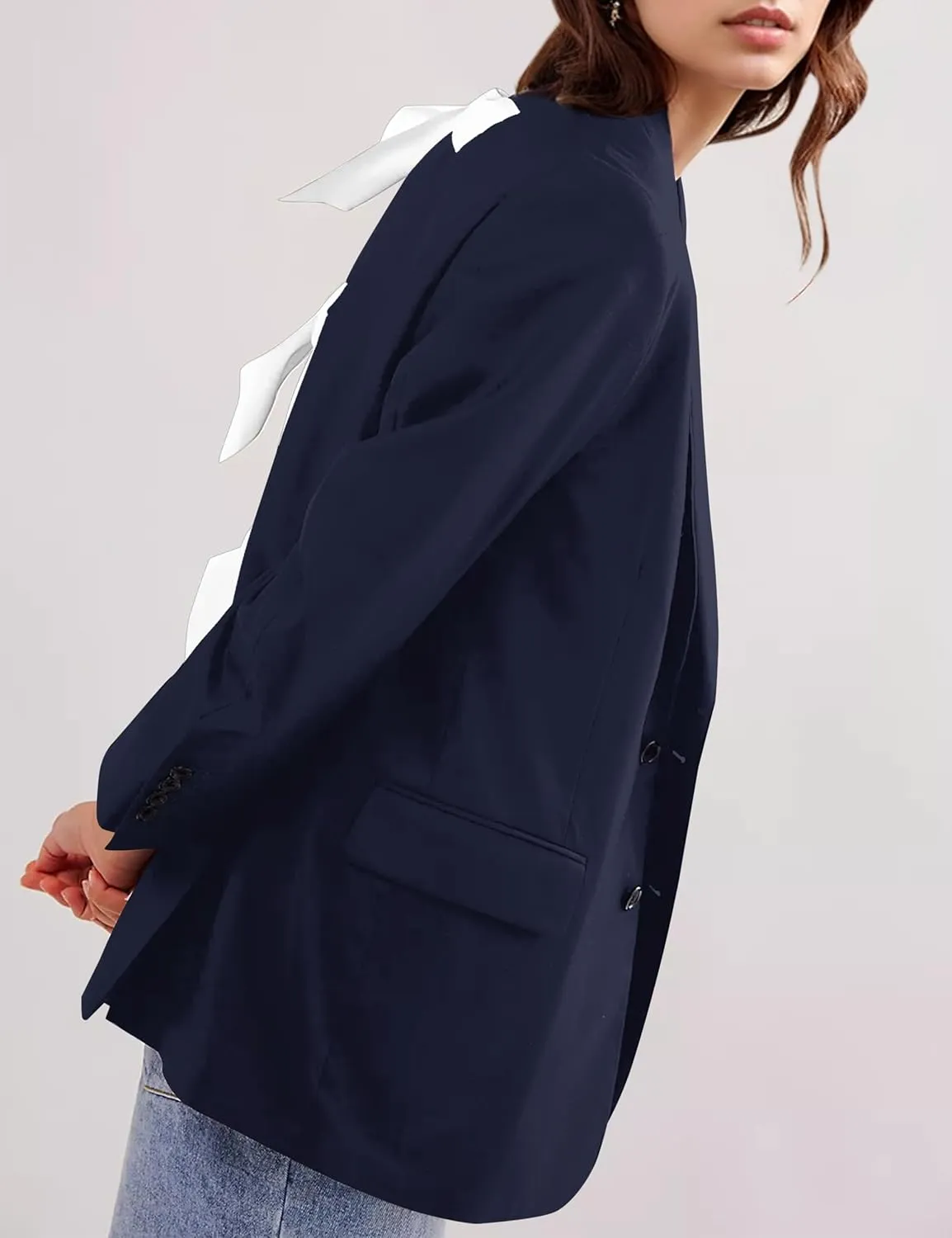 Women Casual Oversized Blazers Bow Tie Blazer Suit Lapel Open Front Office Blazer Jacket Button Down Work Cardigan
