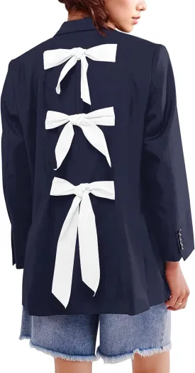 Women Casual Oversized Blazers Bow Tie Blazer Suit Lapel Open Front Office Blazer Jacket Button Down Work Cardigan
