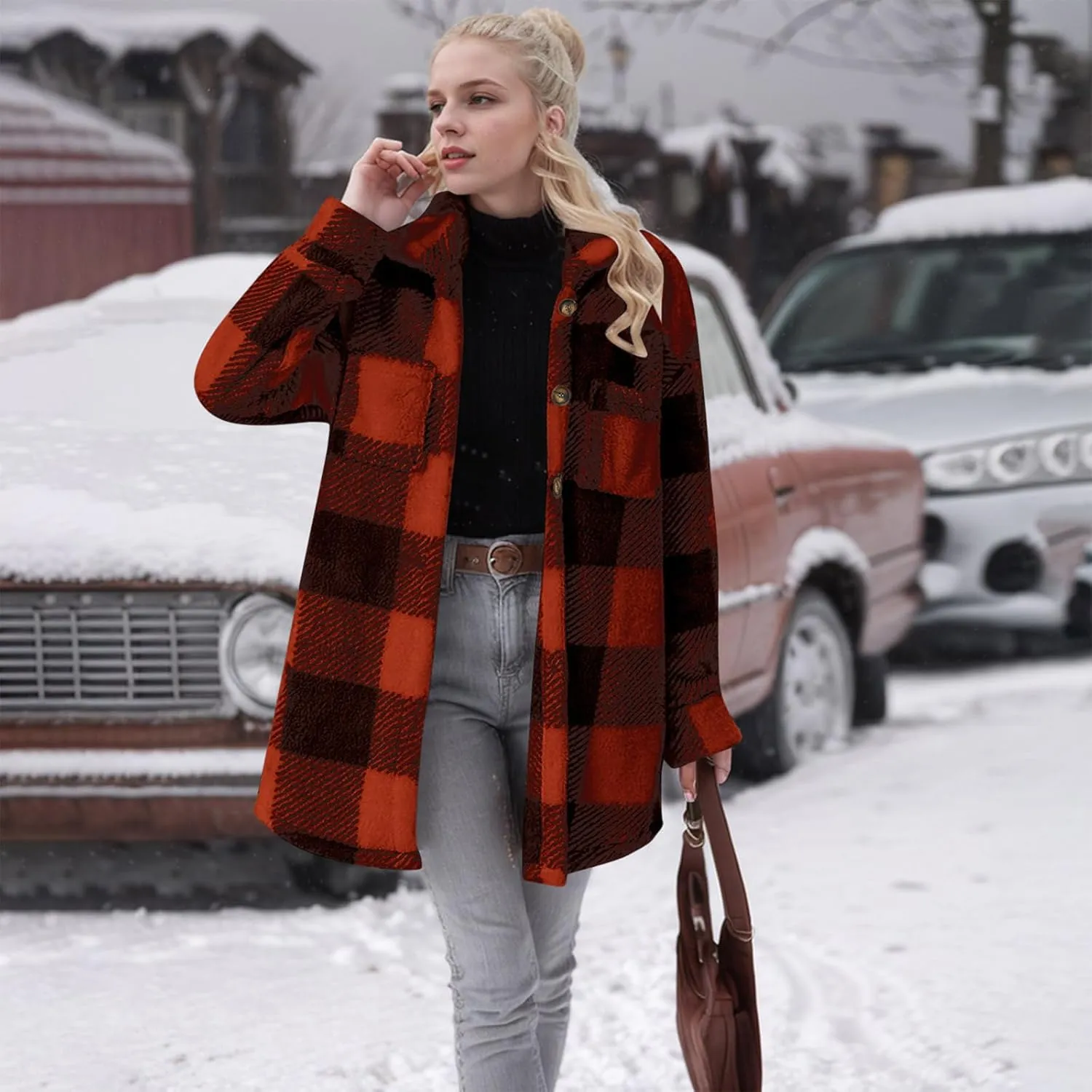 Women Sherpa Jacket Casual Flannel Colorblock Plaid Shacket Long Sleeve Lapel Button Long Fleece Jackets with Pockets