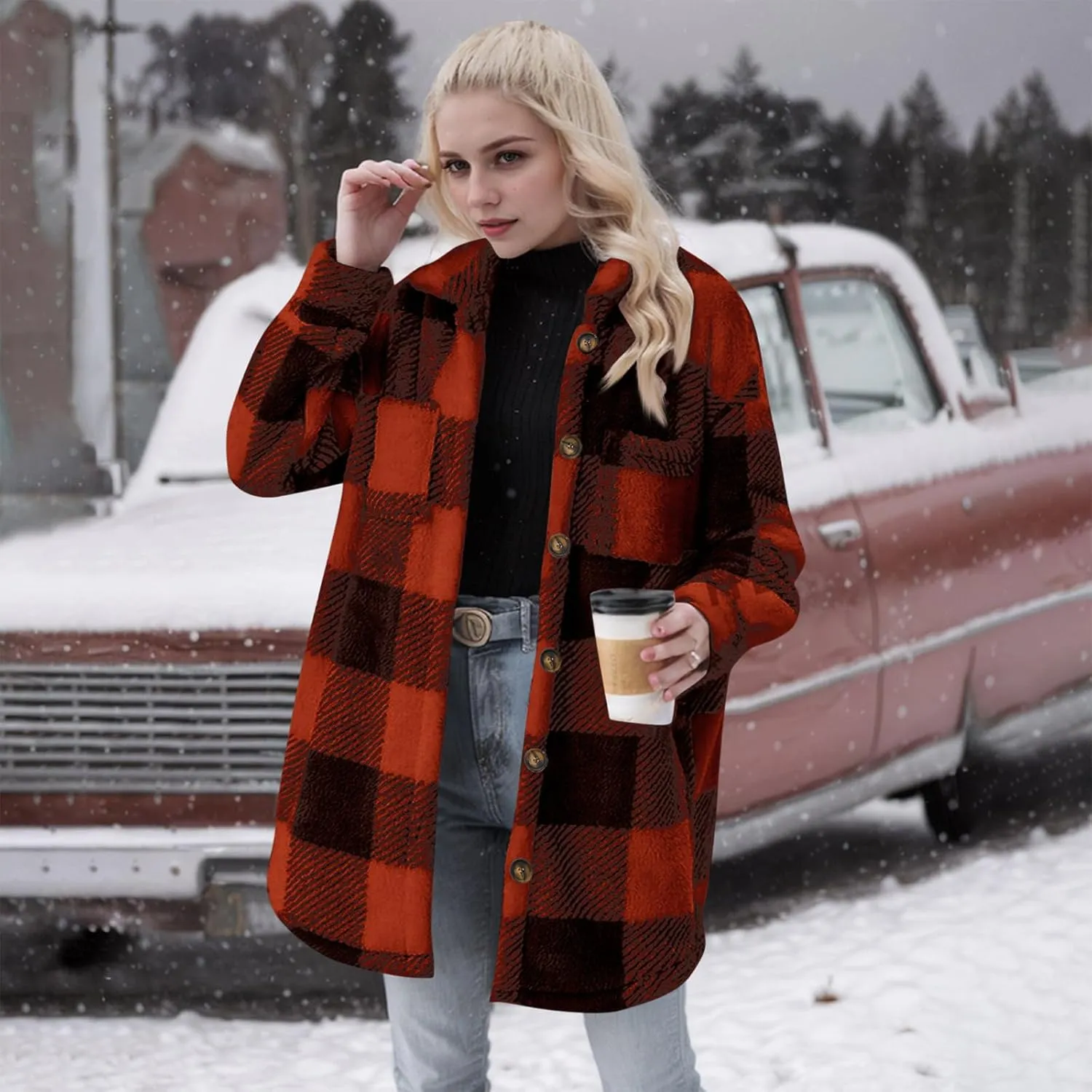 Women Sherpa Jacket Casual Flannel Colorblock Plaid Shacket Long Sleeve Lapel Button Long Fleece Jackets with Pockets
