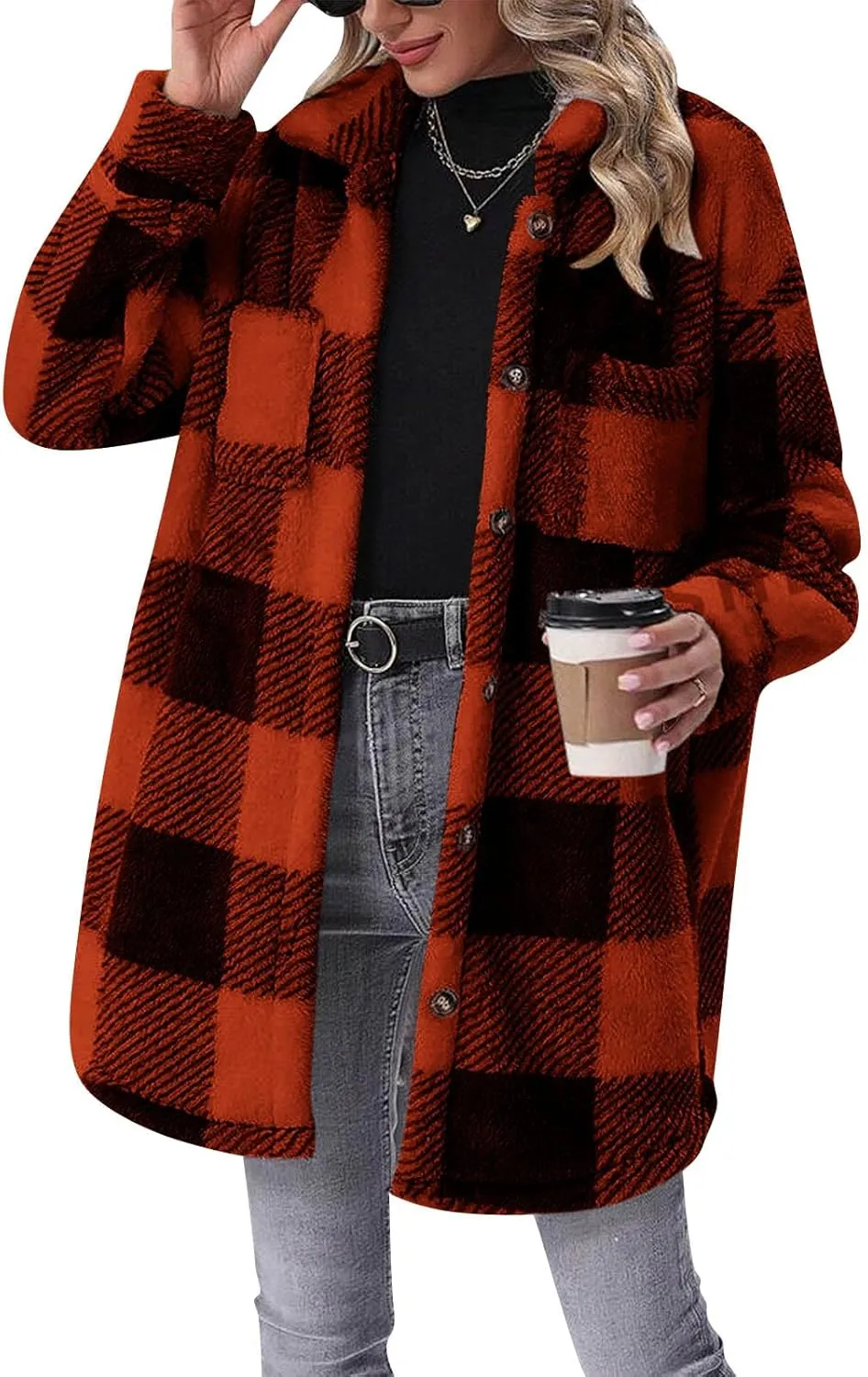 Women Sherpa Jacket Casual Flannel Colorblock Plaid Shacket Long Sleeve Lapel Button Long Fleece Jackets with Pockets