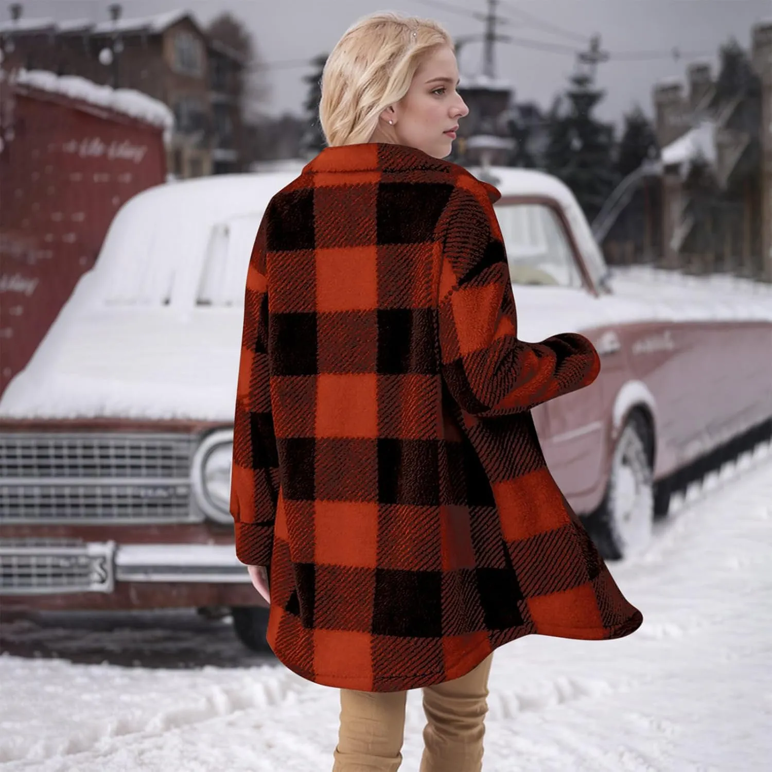 Women Sherpa Jacket Casual Flannel Colorblock Plaid Shacket Long Sleeve Lapel Button Long Fleece Jackets with Pockets