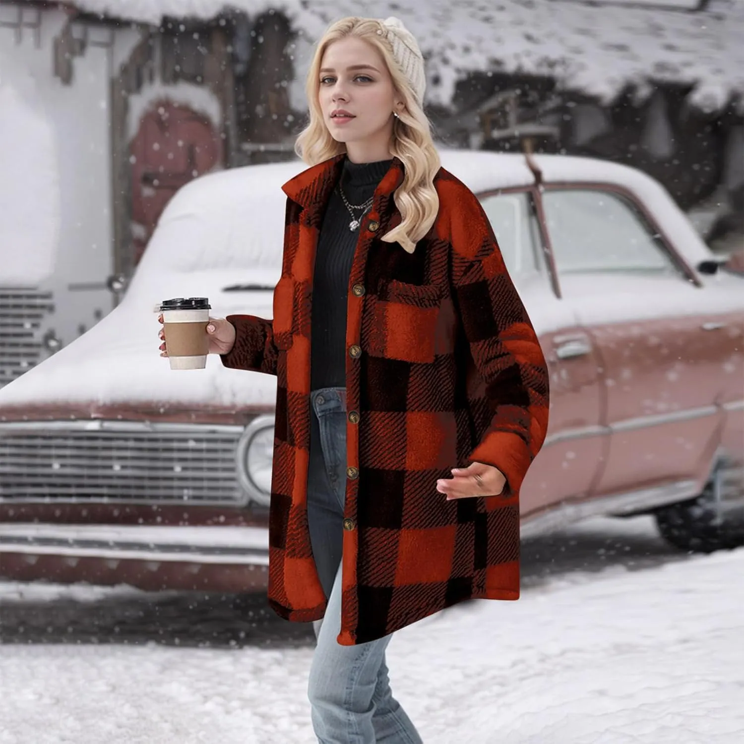 Women Sherpa Jacket Casual Flannel Colorblock Plaid Shacket Long Sleeve Lapel Button Long Fleece Jackets with Pockets
