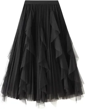 Women's A-Line Fairy Elastic High Waist Mesh Tutu Tulle Midi Skirt