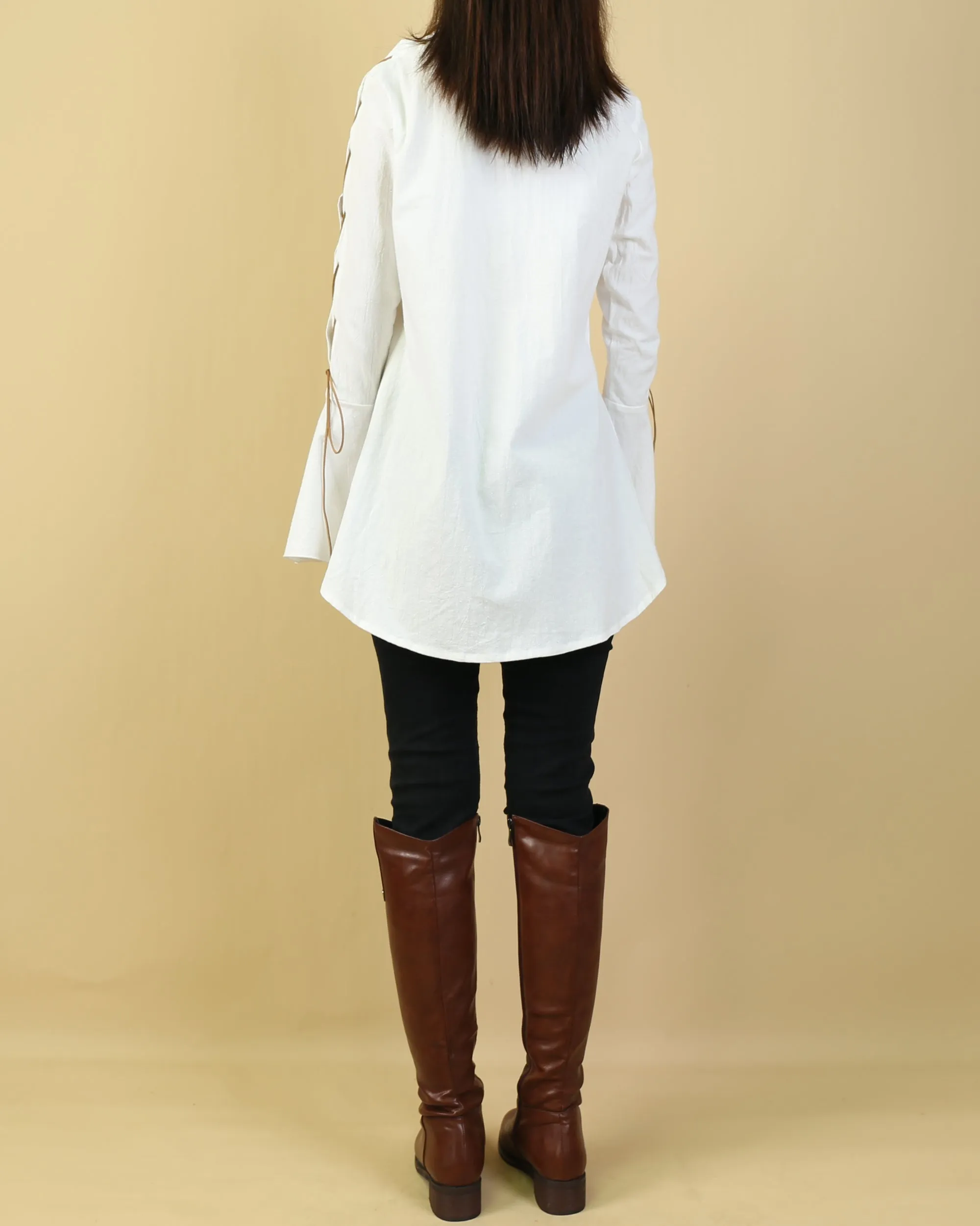 Women's Bell Sleeves Shirt Dress/Cotton Linen blouse/long sleeve shirt(Y20171a)