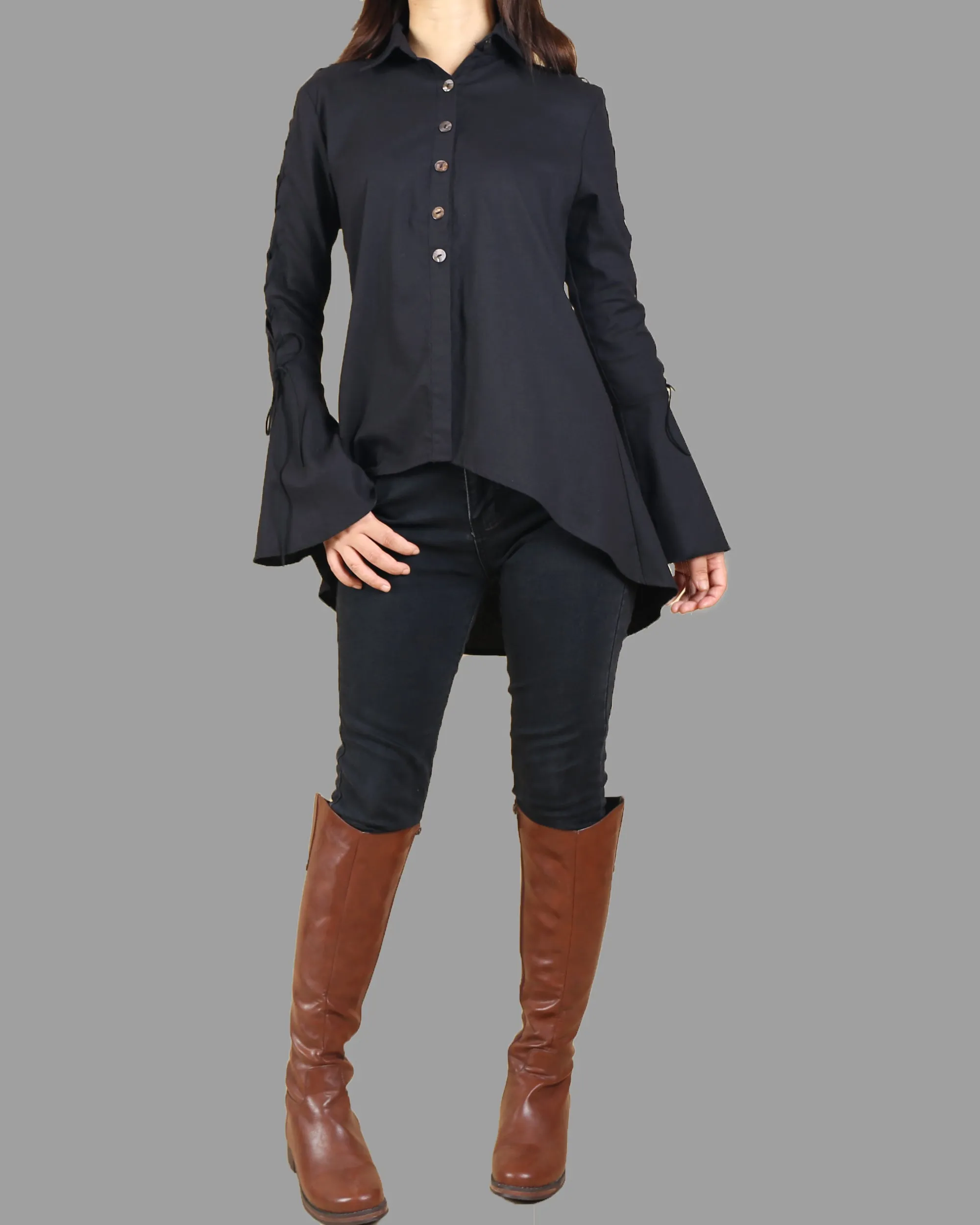 Women's Bell Sleeves Shirt Dress/Cotton Linen blouse/long sleeve shirt(Y20171a)