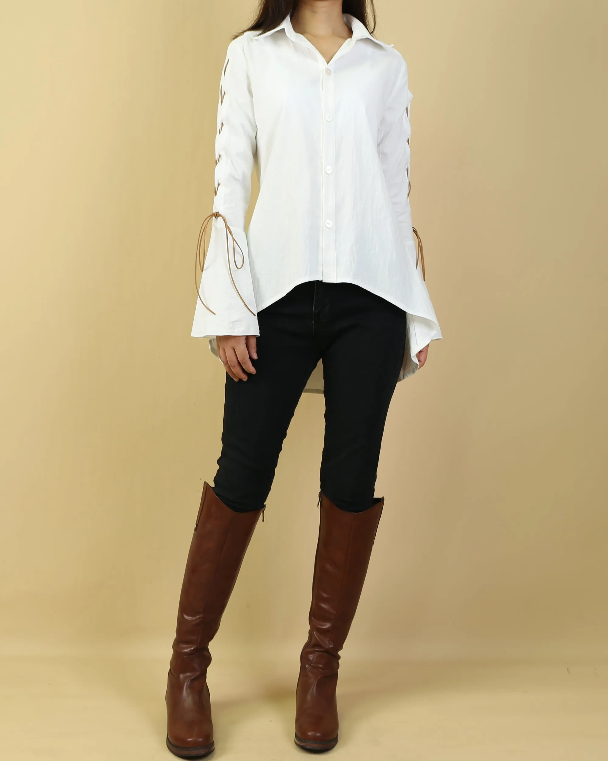 Women's Bell Sleeves Shirt Dress/Cotton Linen blouse/long sleeve shirt(Y20171a)
