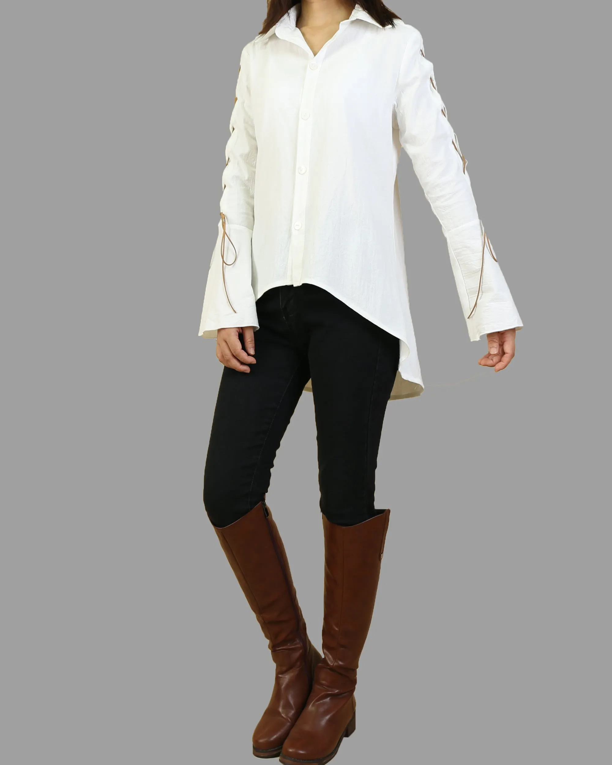 Women's Bell Sleeves Shirt Dress/Cotton Linen blouse/long sleeve shirt(Y20171a)