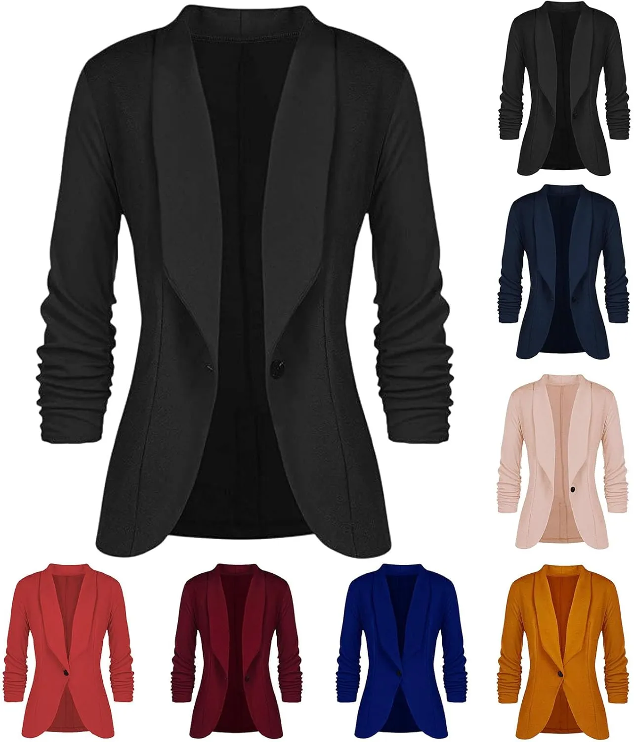 Women's Casual Blazer 3/4 Ruched Sleeve Lightweight Work Office Blazer One Button Open Front Business Suit Jacket