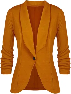 Women's Casual Blazer 3/4 Ruched Sleeve Lightweight Work Office Blazer One Button Open Front Business Suit Jacket