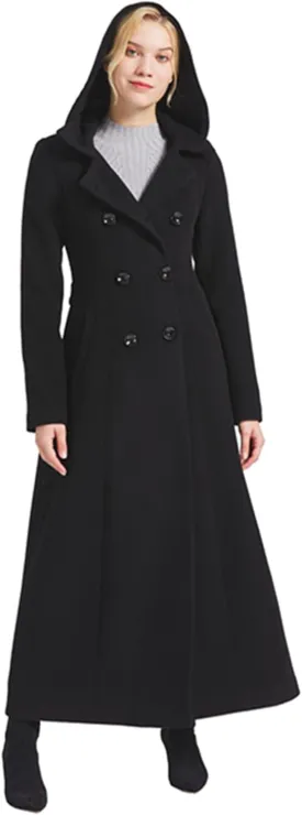 Women's Double Breasted Maxi Long Winter Wool Trench Coat Hooded Thick Warm Overcoats
