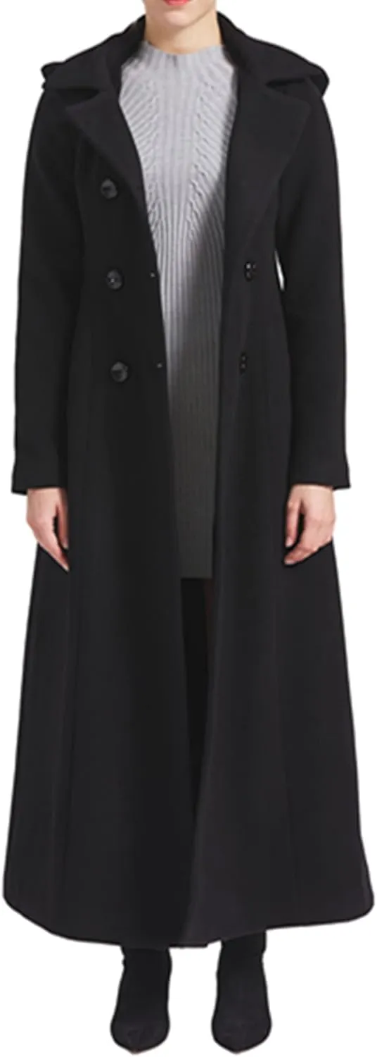 Women's Double Breasted Maxi Long Winter Wool Trench Coat Hooded Thick Warm Overcoats