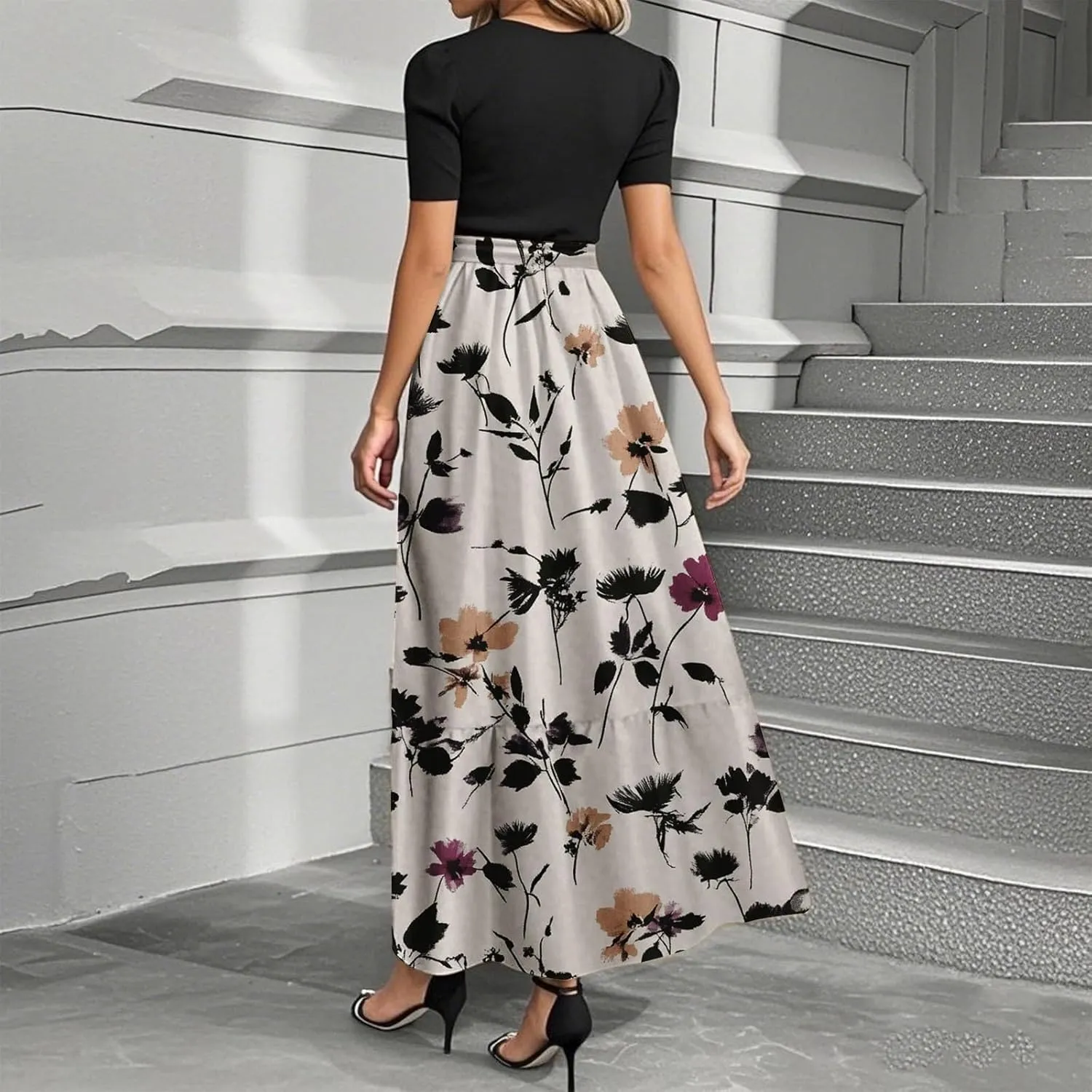 Women's Floral Summer Fashion Dresses Boho Tie Belted Patchwork Empire Waist Short Sleeve Ruffle Flowy Long Dress