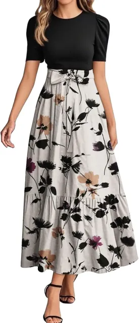 Women's Floral Summer Fashion Dresses Boho Tie Belted Patchwork Empire Waist Short Sleeve Ruffle Flowy Long Dress