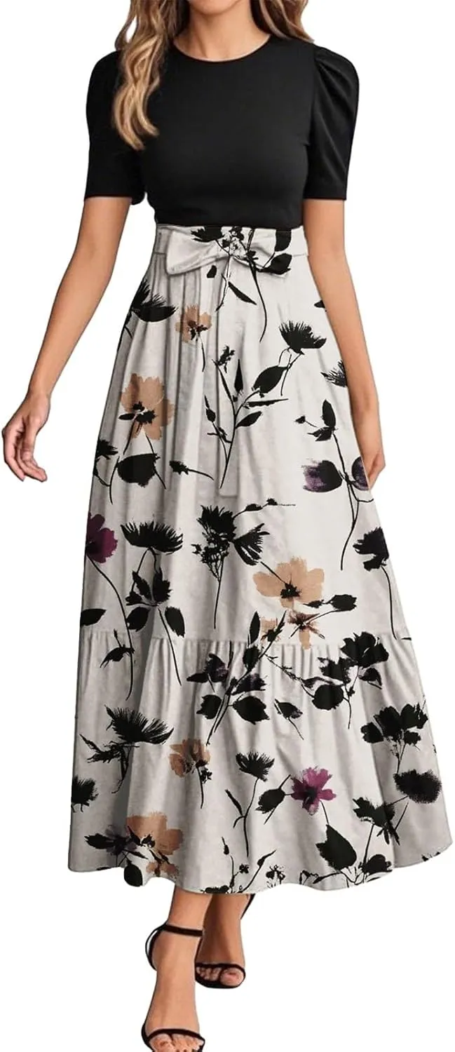 Women's Floral Summer Fashion Dresses Boho Tie Belted Patchwork Empire Waist Short Sleeve Ruffle Flowy Long Dress