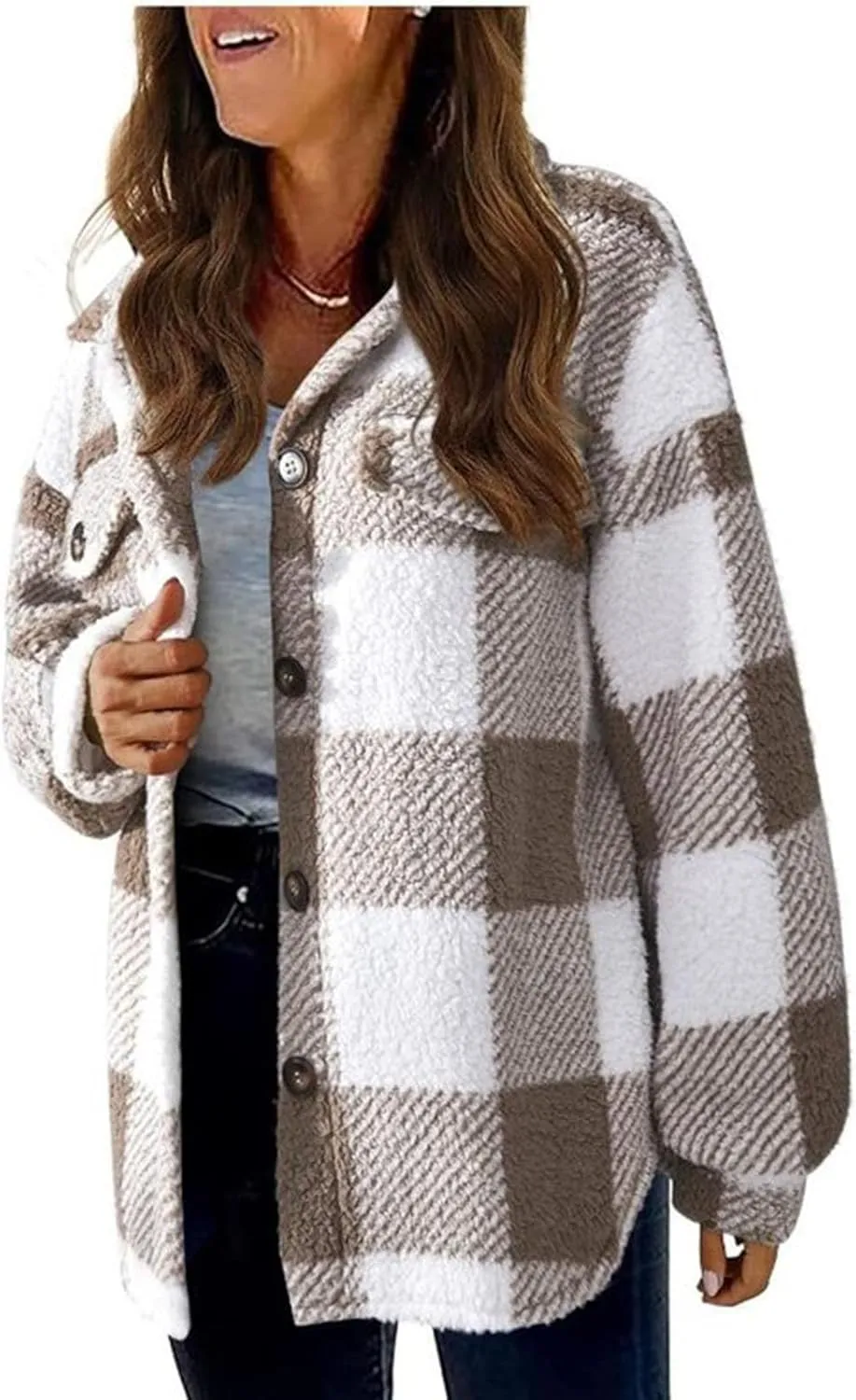 Womens Fuzzy Flannel Jacket Fall Fashion Sherpa Lined Plaid Shacket Jacket Long Sleeve Button Down Fleece Hoodies 