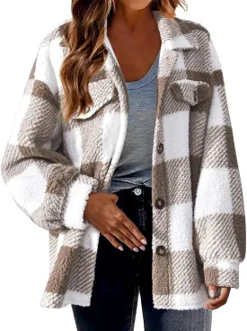 Womens Fuzzy Flannel Jacket Fall Fashion Sherpa Lined Plaid Shacket Jacket Long Sleeve Button Down Fleece Hoodies 