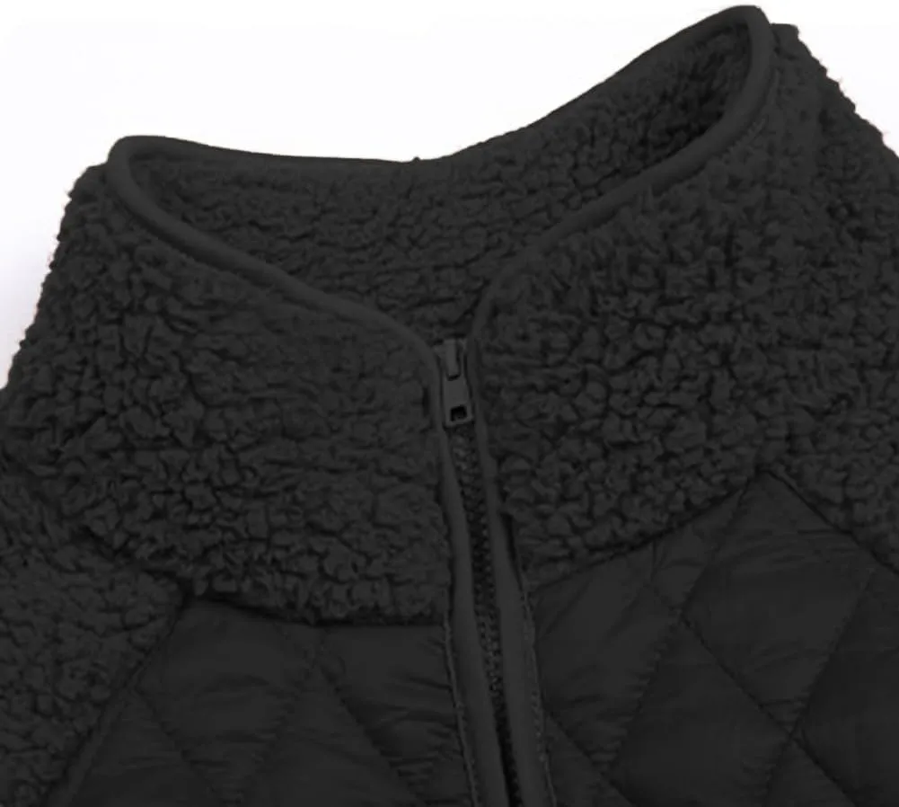 Women's Fuzzy Fleece Jacket Cropped Sherpa Coat Long Sleeve Zipper Lightweight Quilted Outwear