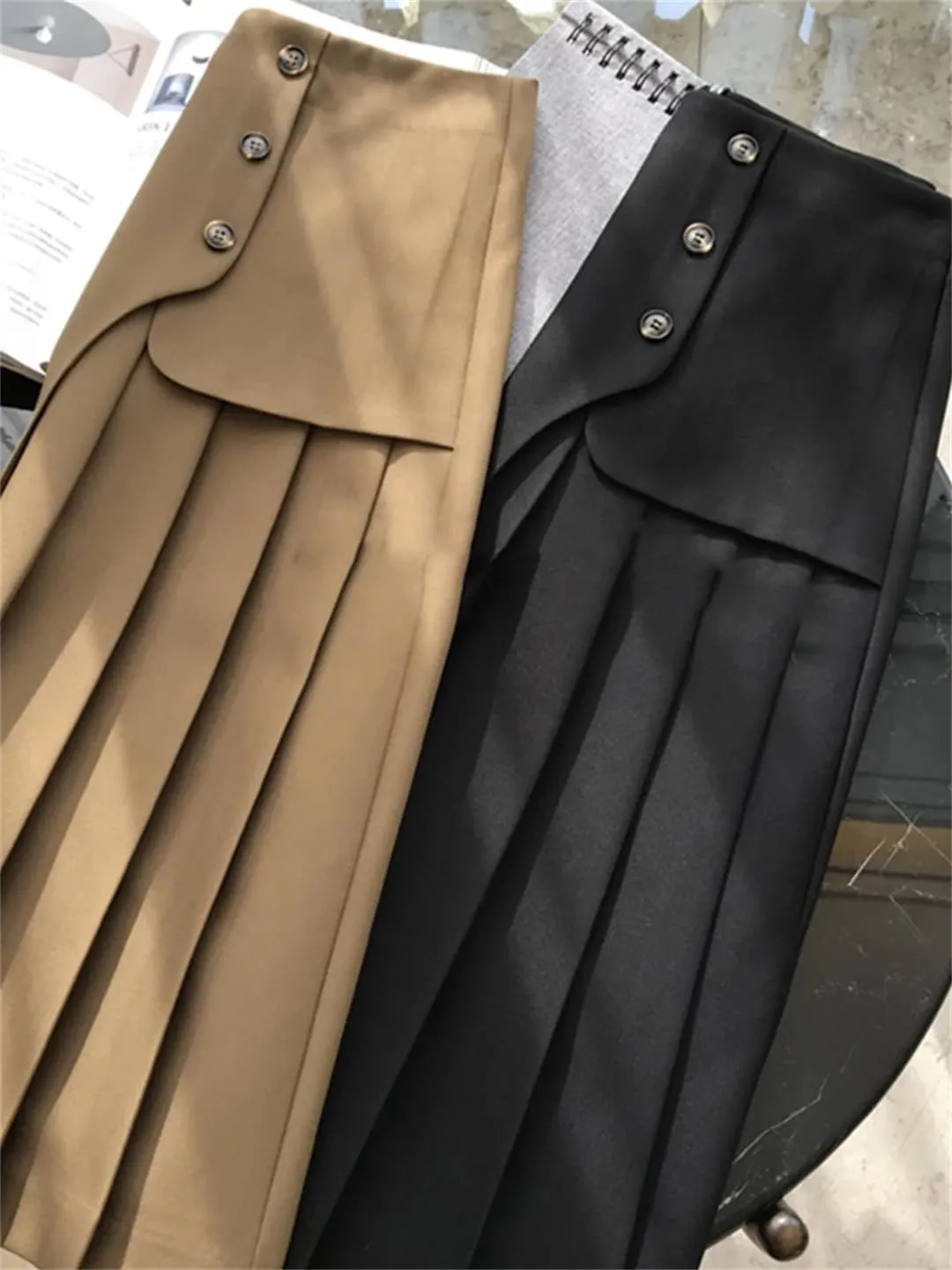 Women's Summer High Waisted Midi Skirt Solid Color A-Line Asymmetric Pleated Skirt