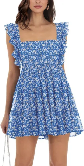 Womens Summer Square Neck Tie Back Ruffle Sleeve Tiered Casual A-Line Short Mini Dress