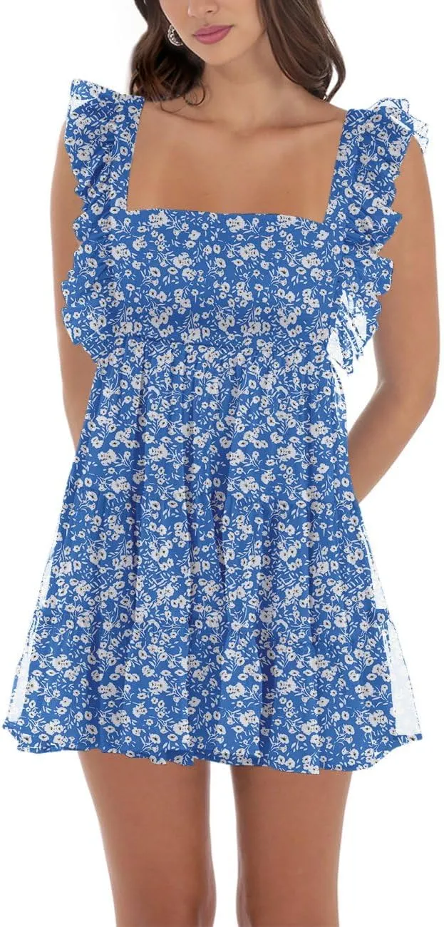 Womens Summer Square Neck Tie Back Ruffle Sleeve Tiered Casual A-Line Short Mini Dress