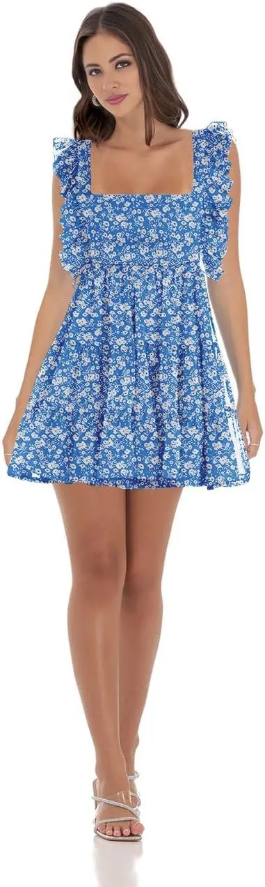 Womens Summer Square Neck Tie Back Ruffle Sleeve Tiered Casual A-Line Short Mini Dress