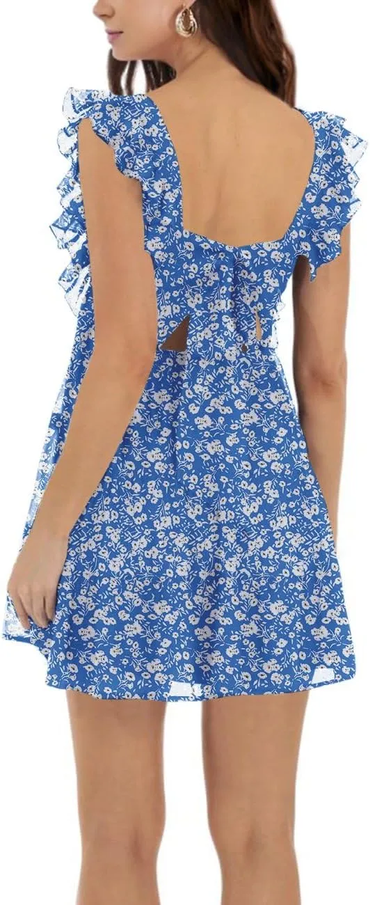 Womens Summer Square Neck Tie Back Ruffle Sleeve Tiered Casual A-Line Short Mini Dress