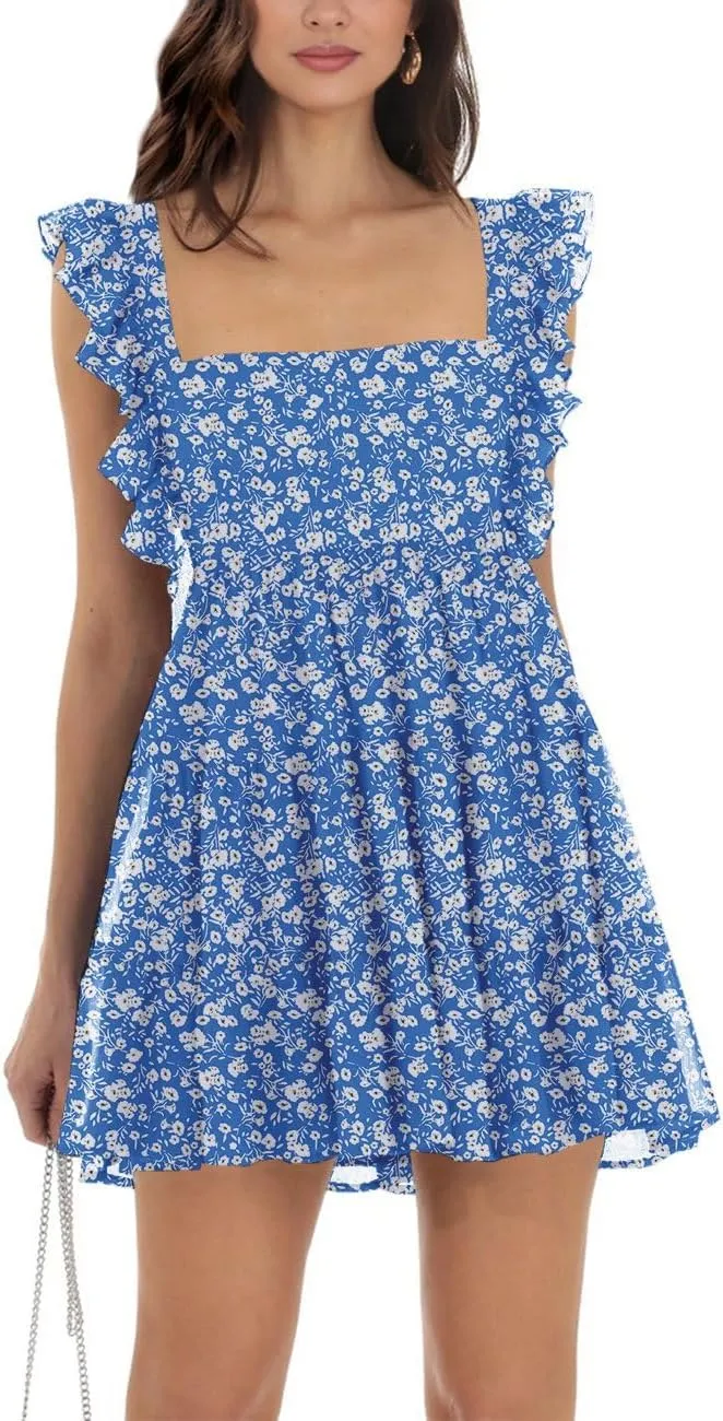Womens Summer Square Neck Tie Back Ruffle Sleeve Tiered Casual A-Line Short Mini Dress