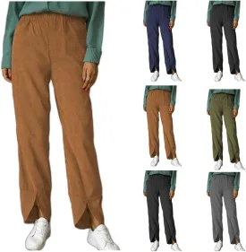 Women's Vintage Trousers with Pockets, Corduroy Elastic Waist Pull On Straight Leg Slacks Casual Fall Winter Pants