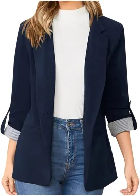 Womens Work Casual Roll up Sleeves Blazer Open Front Cardigan Business Office Suit Jackets Dressy Jackets Blazer