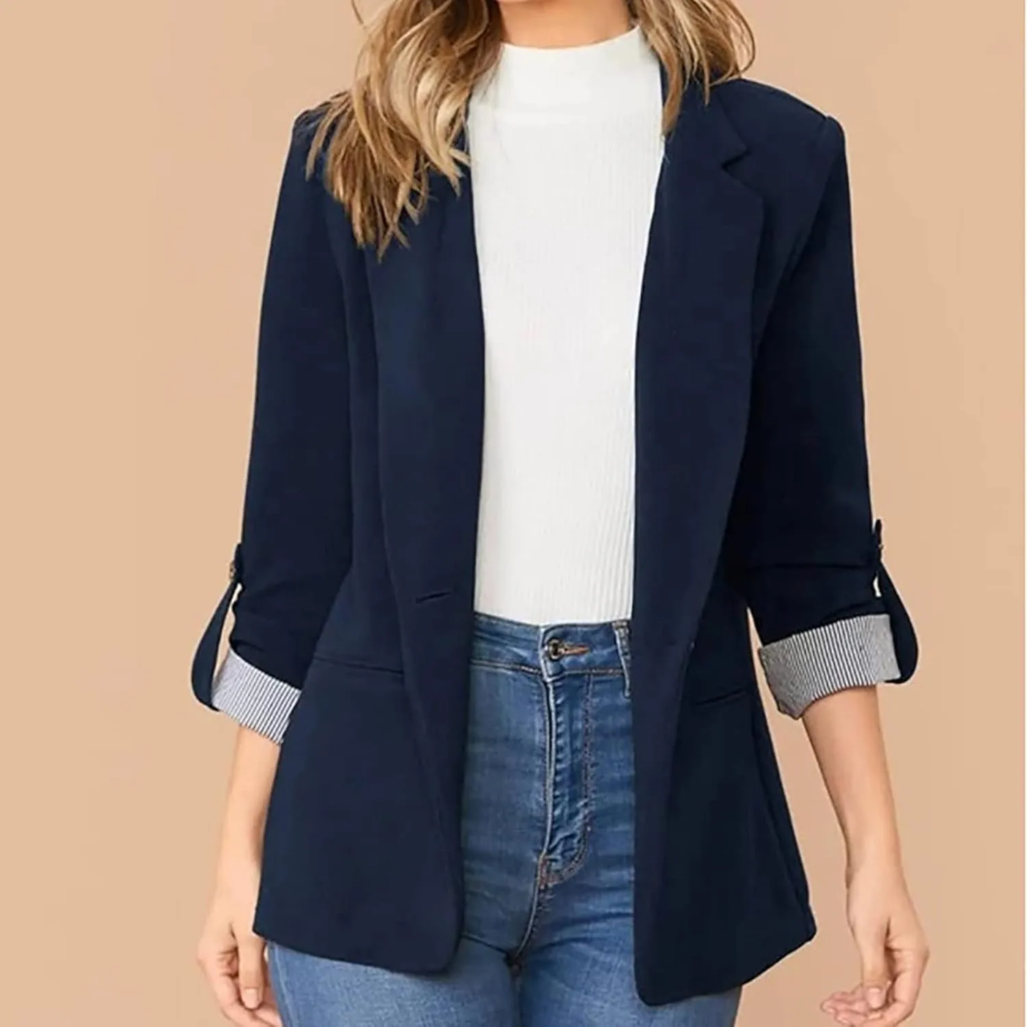 Womens Work Casual Roll up Sleeves Blazer Open Front Cardigan Business Office Suit Jackets Dressy Jackets Blazer