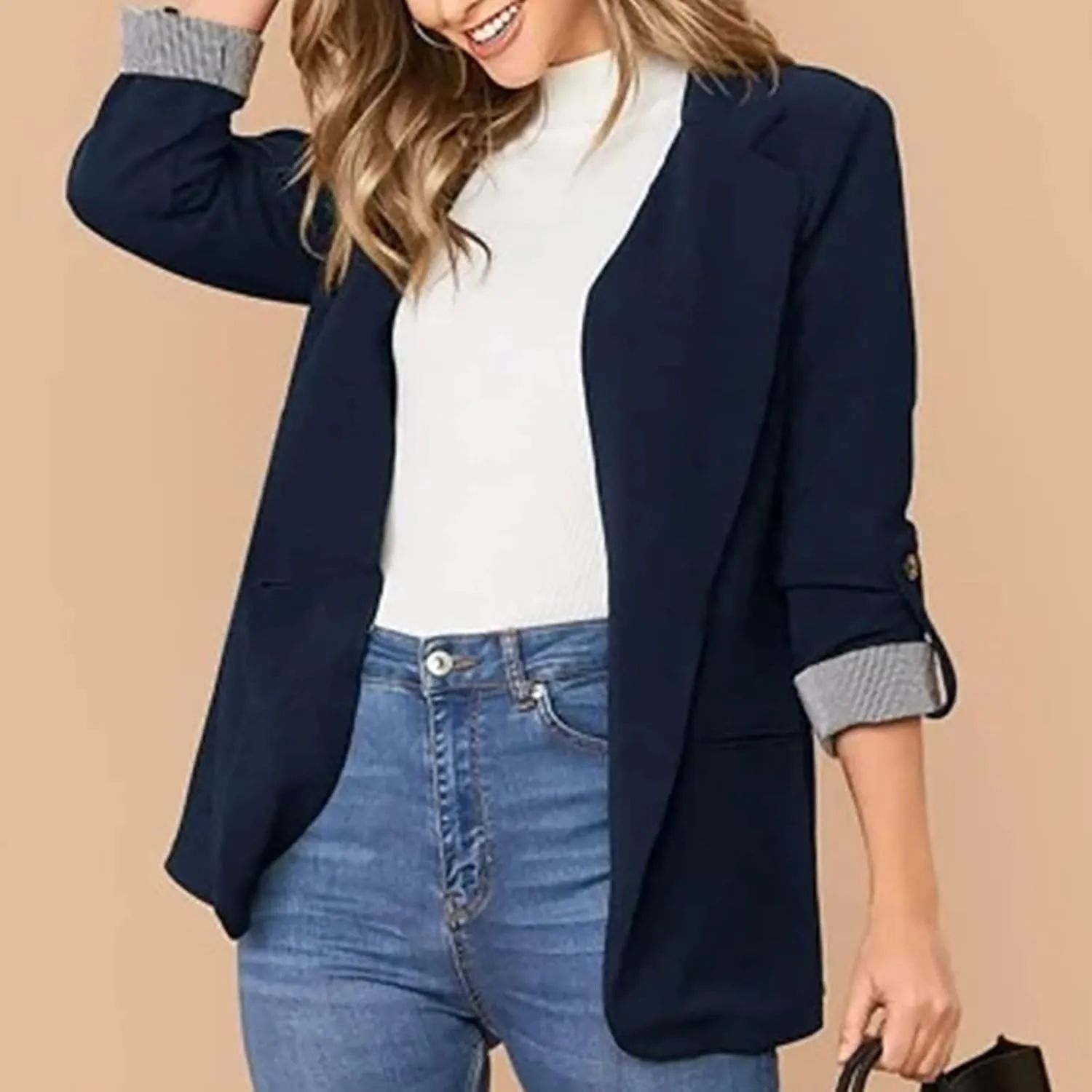 Womens Work Casual Roll up Sleeves Blazer Open Front Cardigan Business Office Suit Jackets Dressy Jackets Blazer