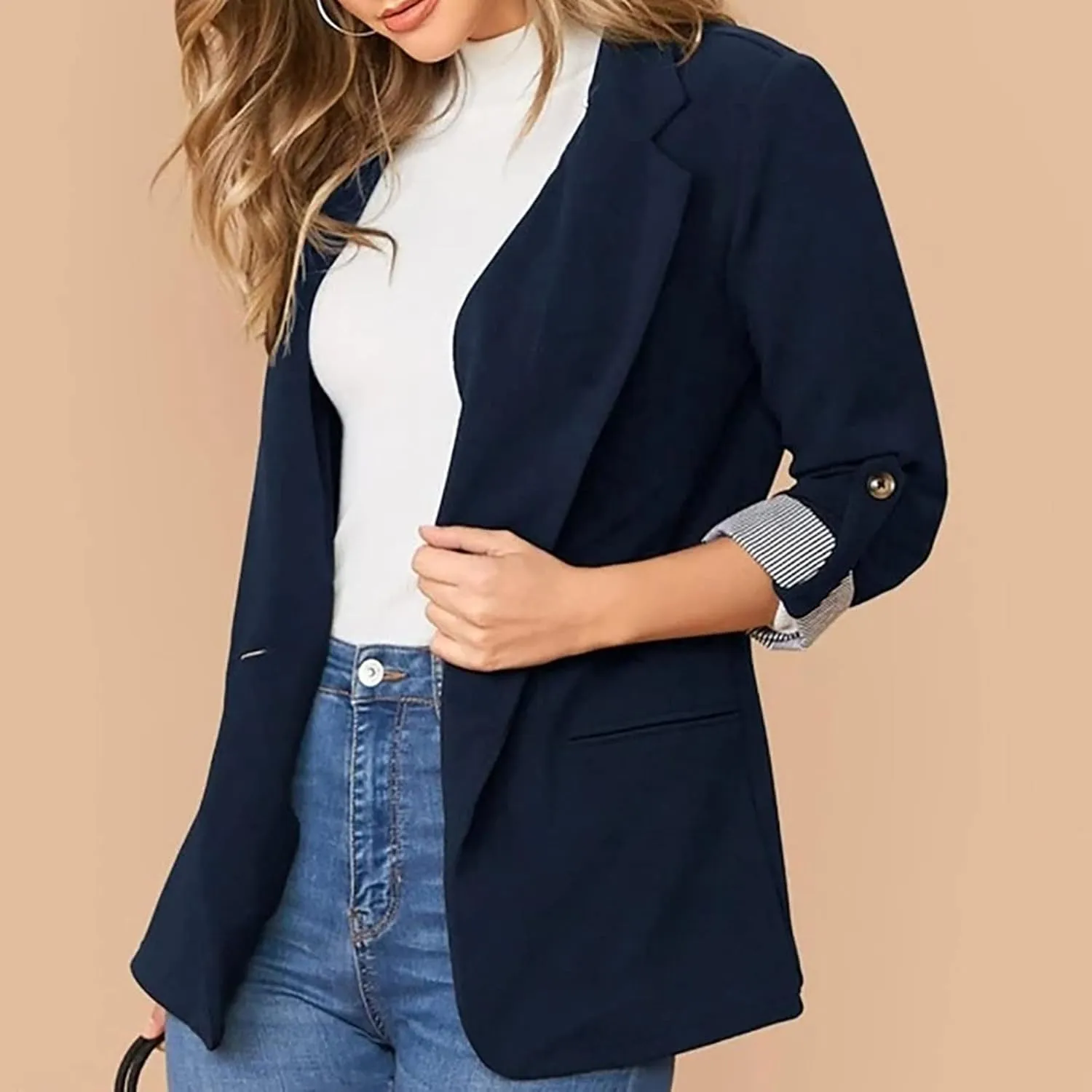 Womens Work Casual Roll up Sleeves Blazer Open Front Cardigan Business Office Suit Jackets Dressy Jackets Blazer