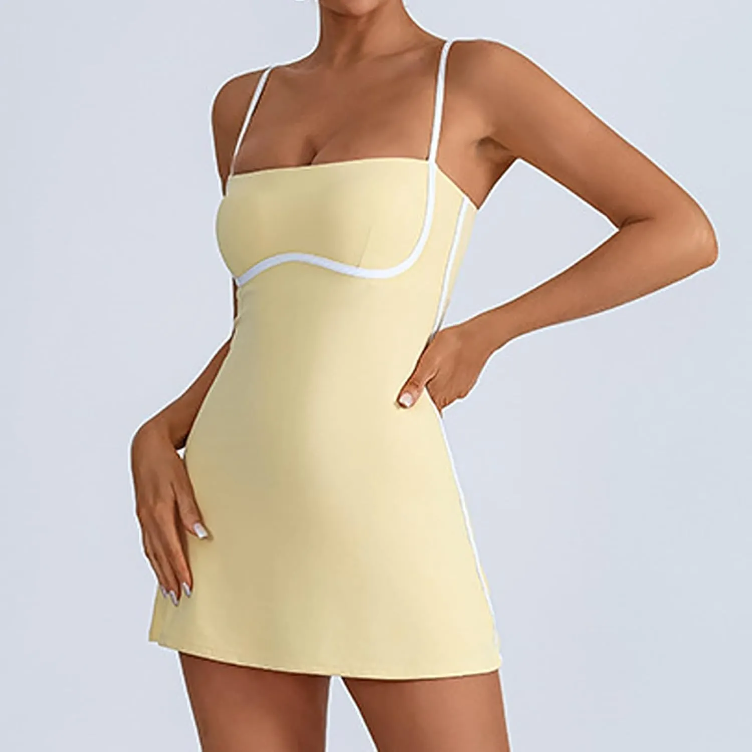 Womens Workout Tennis Dress with Built in Shorts Sleeveless Square Neck Suspender Exercise Yoga Dress