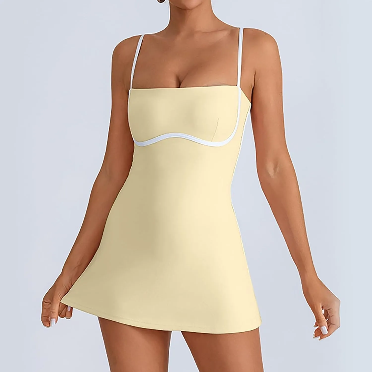 Womens Workout Tennis Dress with Built in Shorts Sleeveless Square Neck Suspender Exercise Yoga Dress