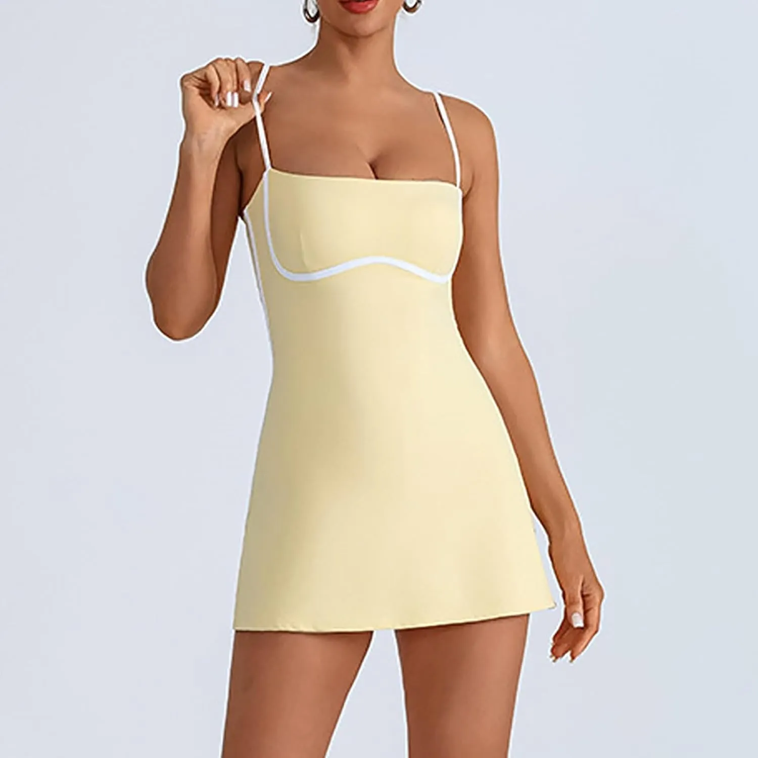 Womens Workout Tennis Dress with Built in Shorts Sleeveless Square Neck Suspender Exercise Yoga Dress