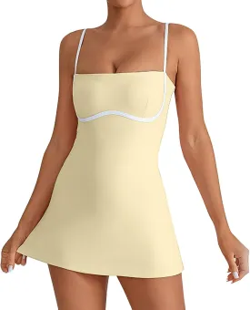 Womens Workout Tennis Dress with Built in Shorts Sleeveless Square Neck Suspender Exercise Yoga Dress