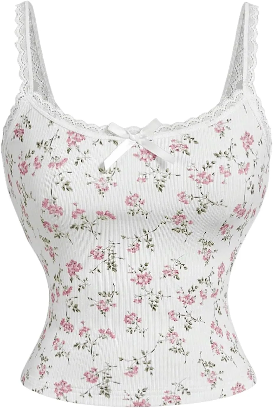 Women's Y2k Floral Print Camisole Lace Bow Front Crop Top Knitted Spaghetti Strap Tank Top Streetwear