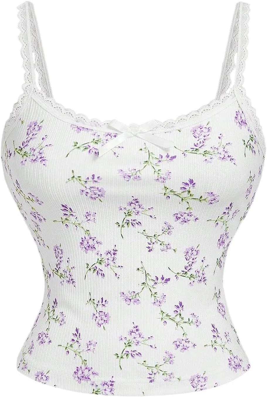 Women's Y2k Floral Print Camisole Lace Bow Front Crop Top Knitted Spaghetti Strap Tank Top Streetwear