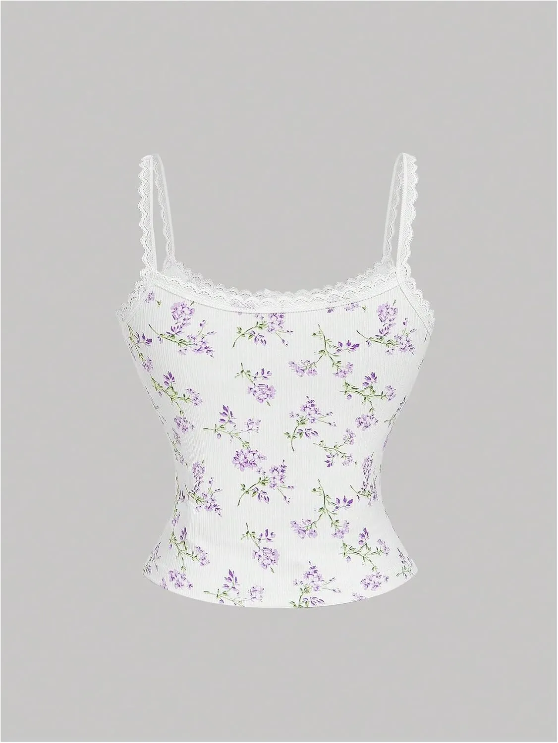 Women's Y2k Floral Print Camisole Lace Bow Front Crop Top Knitted Spaghetti Strap Tank Top Streetwear
